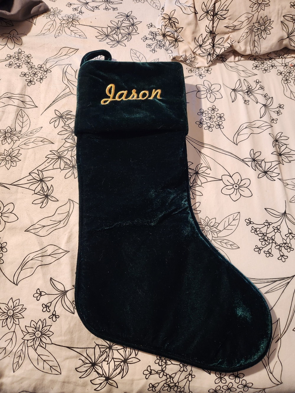 Personalized Velvet Christmas Stocking - Dark Green with Gold Embroidery (Jason)